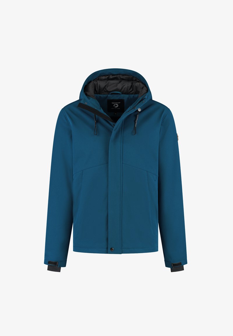 Blauwe hoodie met voorsluiting met rits, drukknoop, verstelbare capuchon met trekkoorden en klittenband polsbanden.