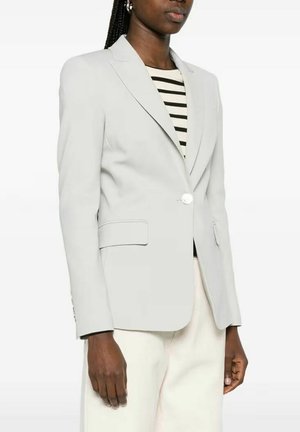 Donna che indossa un blazer grigio chiaro monopetto sopra una maglia a righe bianche e nere e pantaloni bianchi, in piedi davanti a uno sfondo bianco semplice.