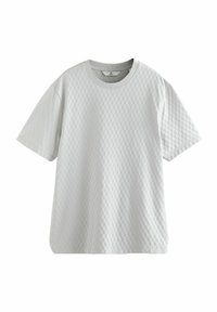 Light gray short-sleeve t-shirt made of textured fabric with a grid pattern, featuring a round neckline and relaxed fit.