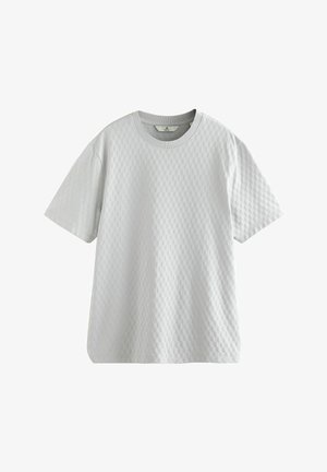 Lichtgrijze t-shirt met korte mouwen, gemaakt van textuurstof met een ruitpatroon, voorzien van een ronde halslijn en een relaxed fit.