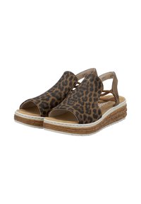 Leopard print sandals with open toe, brown suede material, and a thick cork sole. Features crisscross straps and white stitching accents.