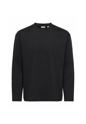 Schwarzes Langarmshirt mit Rundhalsausschnitt und einfachem Design, aus glattem Stoff, auf weißem Hintergrund dargestellt.
