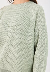 Gai zaļš adīts džemperis ar teksturētu, ribotu dizainu un apaļu kakla izgriezumu, ar raglanu piedurknēm un mīkstu, ērti izskatīgu izskatu.