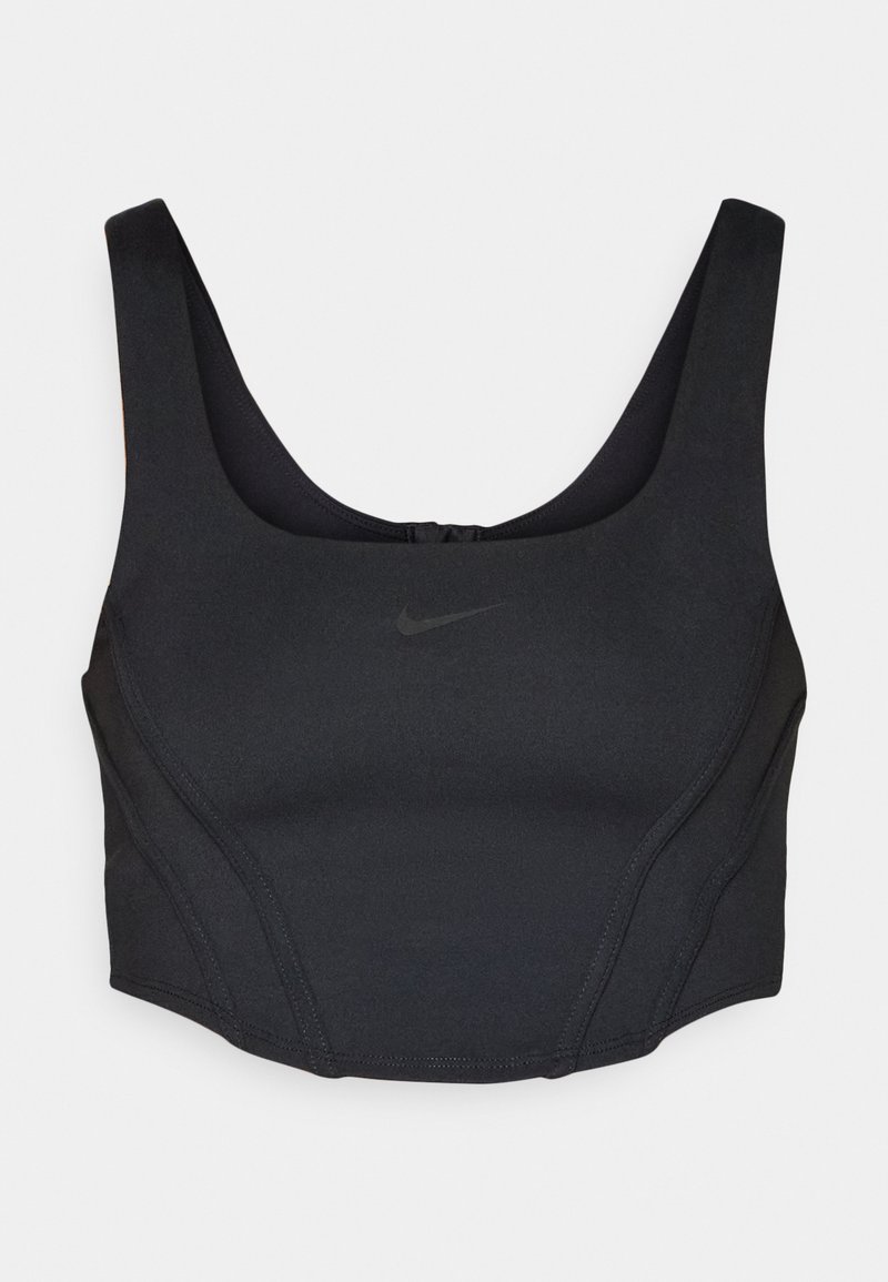 Reggiseno sportivo nero realizzato in tessuto elasticizzato, con scollatura a girocollo, spalline larghe e un design aderente. Piccolo logo Nike sulla parte anteriore.