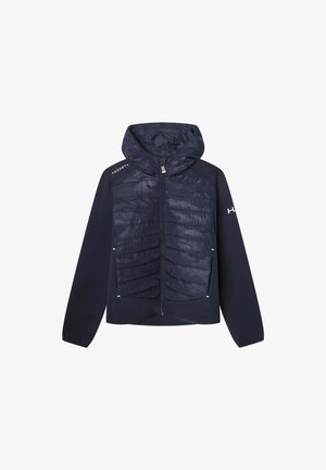 Marinejacke mit Reißverschluss vorne, Kapuze und gepolsterter Vorderplatte. Sie verfügt über eine glatte Textur, elastische Bündchen und das "Hackett"-Logo in Weiß.