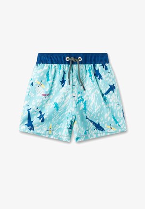 Schwimmshorts aus leichtblauem Stoff mit einem Druck von Haien und Surfboards, elastischer Bund mit Zugband und seitlichen Taschen.
