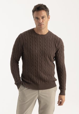 Hombre con un suéter marrón de punto trenzado y pantalones beige claros, de pie con las manos en los bolsillos frente a un fondo claro y liso.