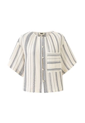 Short-sleeve, button-up cream blouse with vertical black and beige stripes and a front chest pocket with matching pattern.
