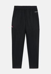 Pantalones deportivos negros con cintura elástica, diseño ajustado y acentos laterales en contraste. Fabricados con un material suave y ligero.