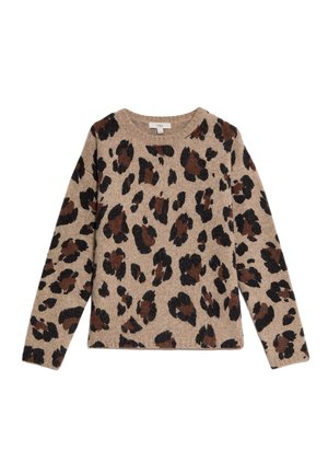 Suéter de punto beige con un patrón de estampado de leopardo en marrón oscuro y negro. Cuello redondo y mangas largas con un ajuste holgado.
