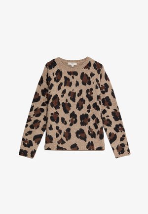 Beige gebreide trui met een luipaardprint in donkerbruin en zwart. Ronde halslijn en lange mouwen met een losse pasvorm.