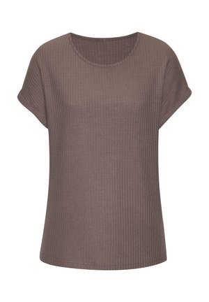 Brown short-sleeve ribbed t-shirt with a round neckline. Material appears textured with a subtle pattern, offering a relaxed fit.
