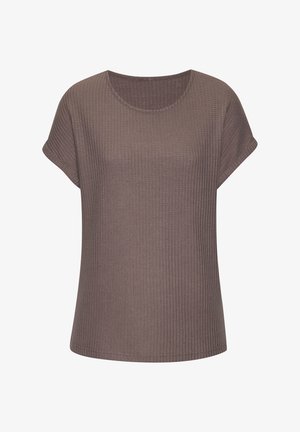 Braunes kurzärmeliges gestreiftes T-Shirt mit rundem Halsausschnitt. Das Material wirkt strukturiert mit einem dezenten Muster und bietet eine lässige Passform.