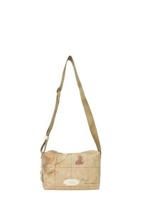 Borsa crossbody beige con design di mappa vintage, dotata di una zip dorata, di forma piatta e di una tracolla in tessuto regolabile.