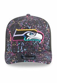 Black cap with colorful splatter pattern. Features an embroidered Seahawks logo. Snapback design with a flat brim.