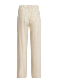 Beige gestreifte weit geschnittene Hosen mit hohem Bund, zwei Gesäßtaschen und einer glatten Textur. Lässiger und lockerer Schnitt.