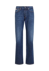 Blugi din denim albastru cu croială dreaptă, având cinci buzunare, închidere cu nasture și ușoară decolorare pe picioare. Detalii de cusătură în contrast.