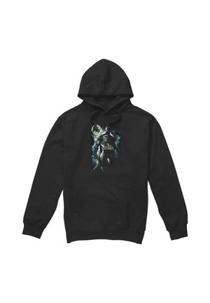 Schwarzer Hoodie mit einem Frontmotive von Batman, der vor einem mondbeleuchteten Hintergrund steht und von Fledermäusen umflogen wird.