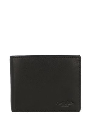 Zwarte leren bifold portemonnee met subtiel geperst logo rechtsonder, gesloten, op een witte achtergrond.