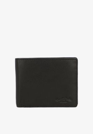 Sort læder tegnebog med to lommer og diskret prægning af logoet i nederste højre hjørne, lukket, på hvid baggrund.