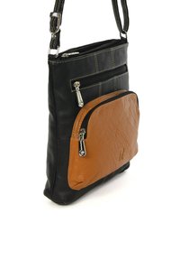 Schwarze Leder-Umhängetasche mit zwei Reißverschlusstaschen, eine aus kontrastierendem braunem Leder. Mit aufgenähtem Detail und verstellbarem Riemen.