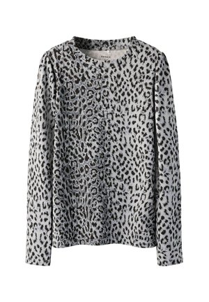 Grå långärmad topp med svart leopardmönster. Rund hals, mjuk textur och avslappnad design med en ledig passform.