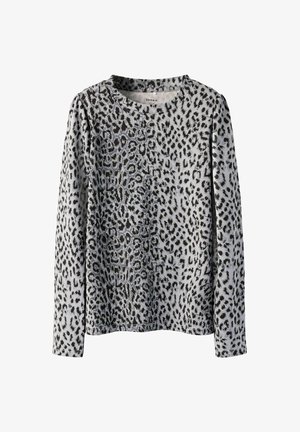 Haut gris à manches longues avec un motif léopard noir. Col rond, texture douce et design décontracté avec une coupe ample.
