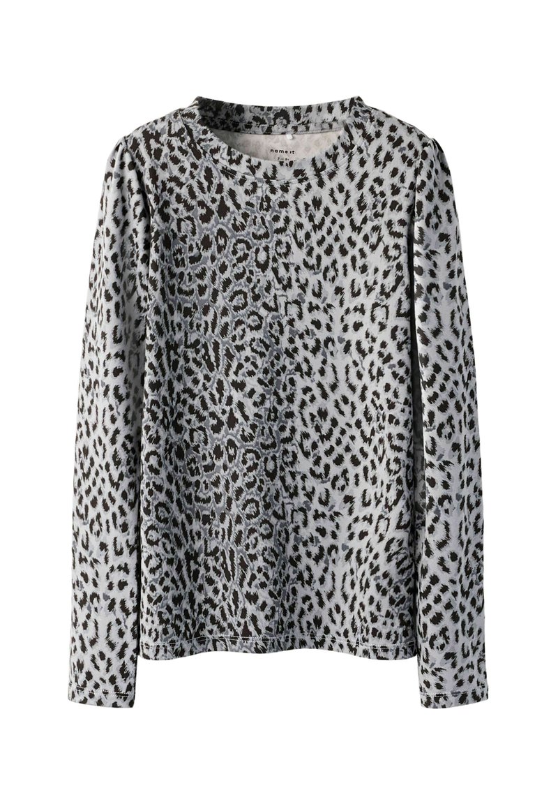 Langärmliges graues Oberteil mit einem schwarzen Leopardenmuster. Runder Hals, weiche Textur und lässiges Design mit bequemer Passform.