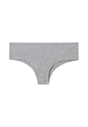 Boxer in cotone grigio con elastico azzurro chiaro in vita, caratterizzati da una texture liscia e un design minimalista senza motivi.