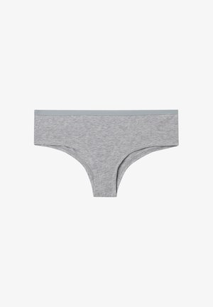 Bóxer de algodón gris con una cinturilla elástica azul claro, que presenta una textura suave y un diseño minimalista sin patrones.