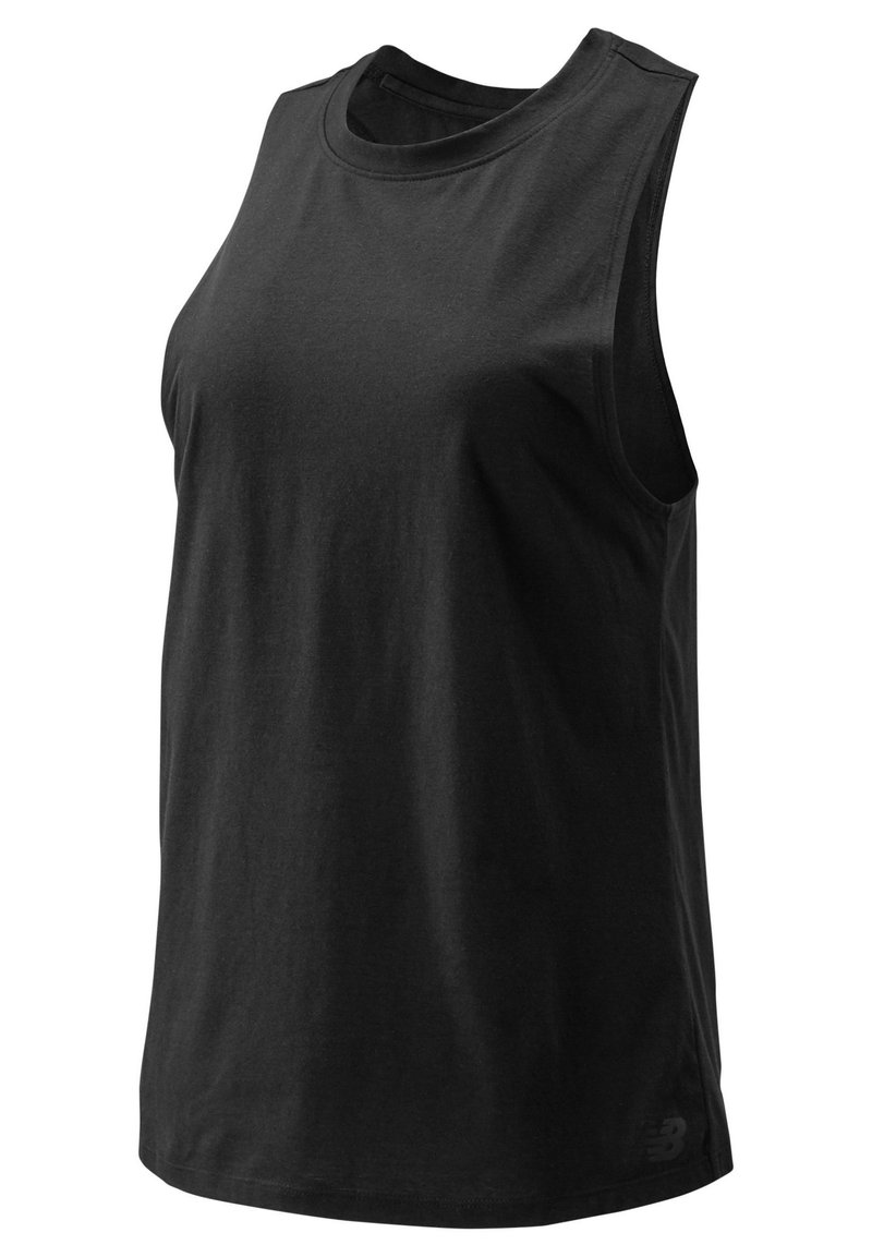 Mustan, hihaton urheilu-toppi, joka on valmistettu pehmeästä puuvillakankaasta. Siinä on pyöreä kaula-aukko ja rento istuvuus. Minimalistinen muotoilu ilman kuvioita.