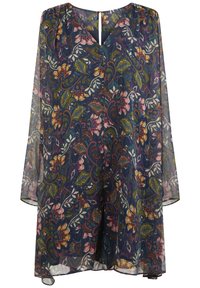 Robe légère et fluide bleu marine avec un motif floral en rose, orange et vert. Elle présente des manches longues semi-transparentes et un décolleté en V.