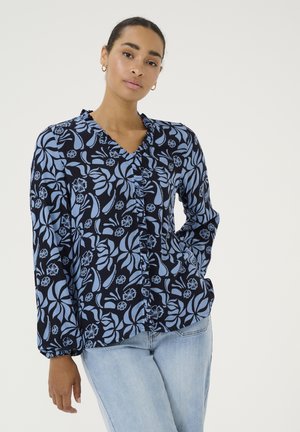 Langmouw blouse in marineblauw met een lichtblauw bloemenpatroon, met een V-hals, knopen aan de voorkant en verzamelde manchetten. Lichtgewicht, gestructureerde stof.
