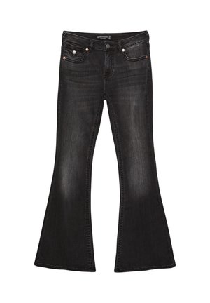 Zwarte denim flared jeans met een mid-rise taille, voorzien van vijf zakken, contrasterende stiksels en accenten in zilverkleurige hardware.