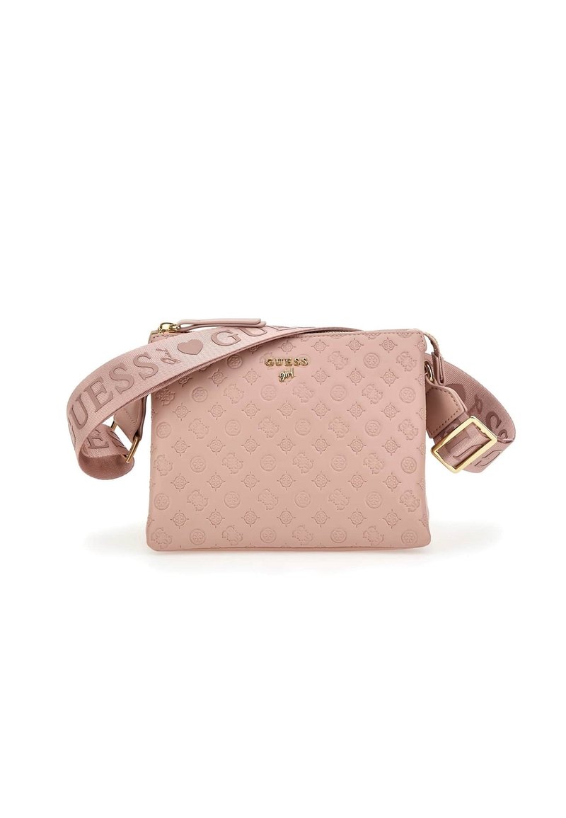 Vaaleanpunainen tekonahkainen olkalaukku, jossa on kohokuvioitu logokuvio, kullanväriset metalliosat ja kuvioitu olkahihna, jossa brändin nimi isoin kirjaimin.