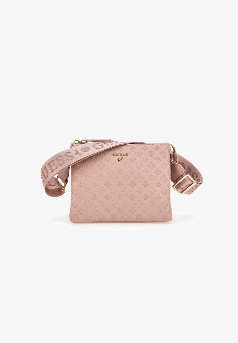 Vaaleanpunainen tekonahkainen olkalaukku, jossa on kohokuvioitu logokuvio, kullanväriset metalliosat ja kuvioitu olkahihna, jossa brändin nimi isoin kirjaimin.