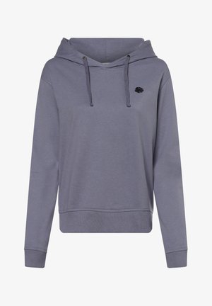 Sudadera con capucha gris hecha de tela suave, con bolsillo tipo canguro, capucha con cordón ajustable y un pequeño logo bordado en el pecho.