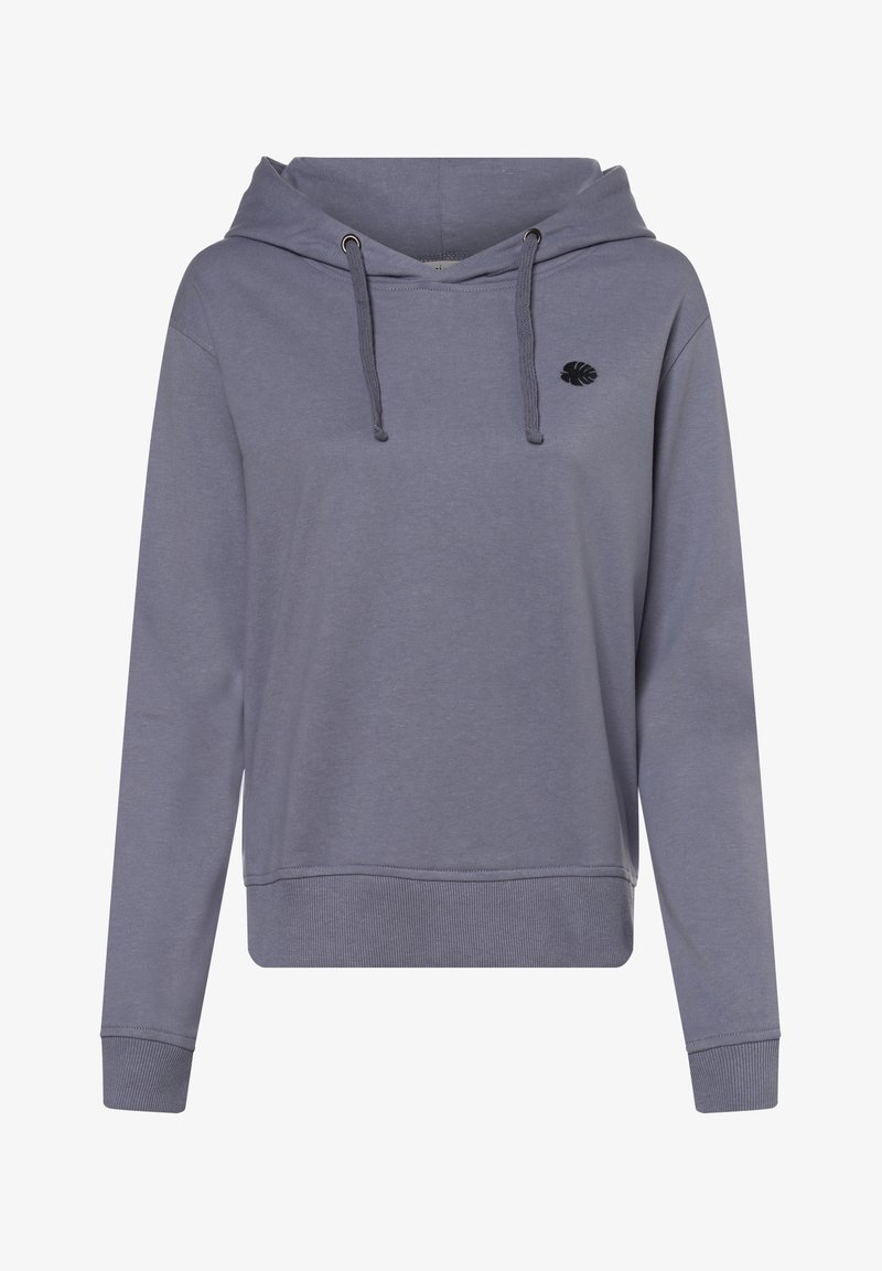 Sweat à capuche gris en tissu doux, doté d'une poche kangourou, d'un cordon de serrage réglable à la capuche, et d'un petit logo brodé sur la poitrine.