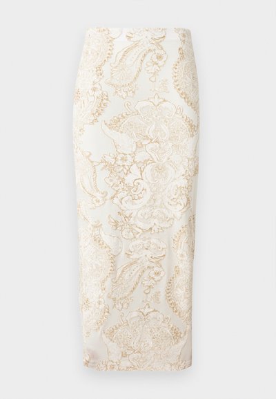 Λευκή pencil φούστα με μπεζ περίπλοκο λουλουδένιο και paisley κεντητό μοτίβο, στενή γραμμή, μήκος μέχρι το γόνατο.