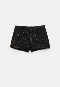 Crne šljokičaste šortse s prilagođenim strukom i teksturiranom površinom, koje imaju sjajne šljokice ravnomjerno raspoređene po tkanini.