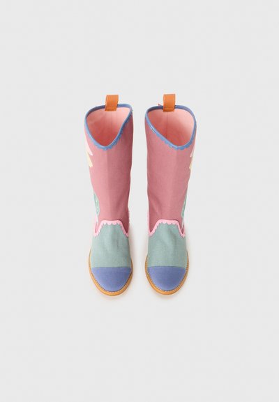 Colorful boots featuring a mix of pink, green, and blue, with a scalloped edge, ankle height, and tan soles. Decorative patterns included.
