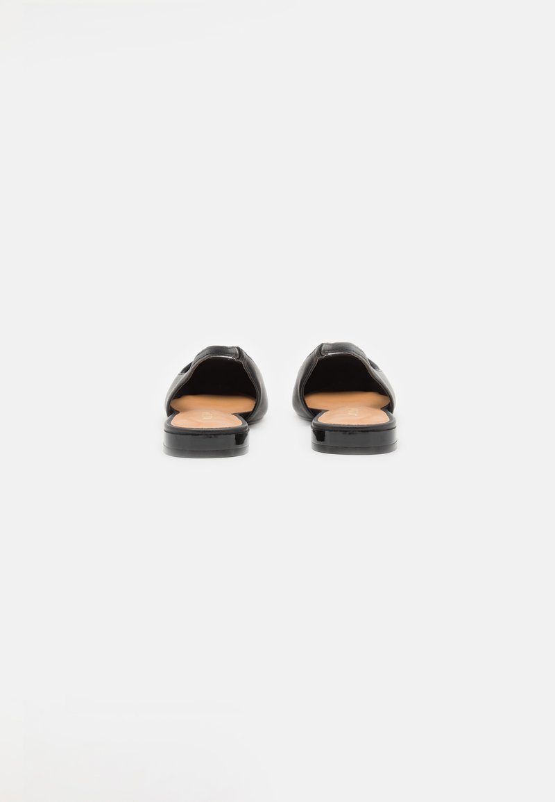 Scarpe slip-on in pelle nera con design aperto sul retro, texture liscia e struttura minimalista. Suole piatte con una soletta in color naturale.