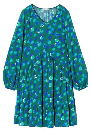 Žalia suknelė su V formos kaklu, ilgomis pūstašlaitėmis ir volaniniu apdailu. Turinti mėlynų ir žalių taškų raštą ant vientisos žalios fono.