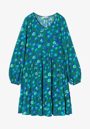 Zelena haljina s V-izrezom, dugim napuhanim rukavima i volančićem na rubu. Sadrži uzorak plavih i tirkiznih točkica na jednobojnoj zelenoj pozadini.