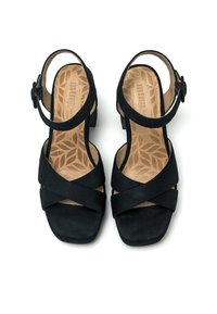 Sandalias de mujer de ante negro con correas al tobillo, tacones cuadrados y plantillas en tono marrón con un patrón de hojas.