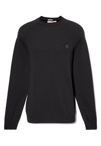 Schwarzer Langarm-Pullover mit Rundhalsausschnitt und gerippten Bündchen und Saum, mit einem kleinen gestickten Logo auf der linken Brust.