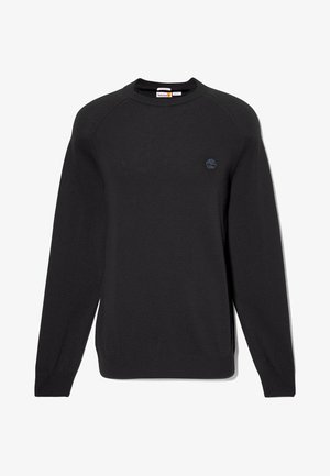 Maglione nero a maniche lunghe con collo a girocollo, dotato di polsini e orlo a coste, con un piccolo logo ricamato sul lato sinistro del petto.