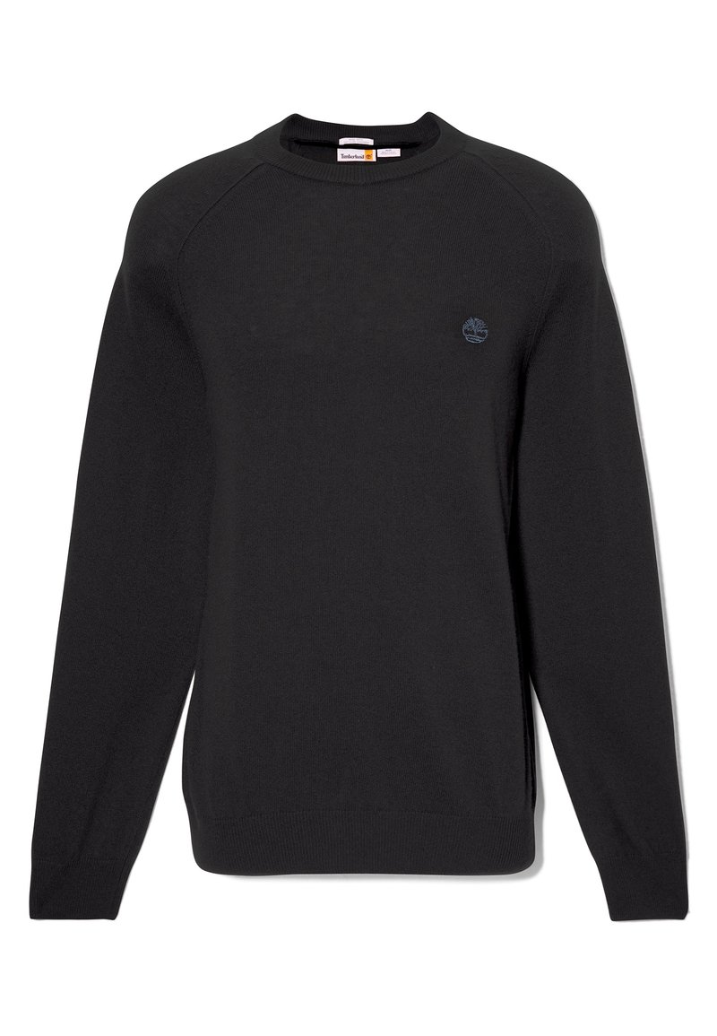 Schwarzer Langarm-Pullover mit Rundhalsausschnitt und gerippten Bündchen und Saum, mit einem kleinen gestickten Logo auf der linken Brust.
