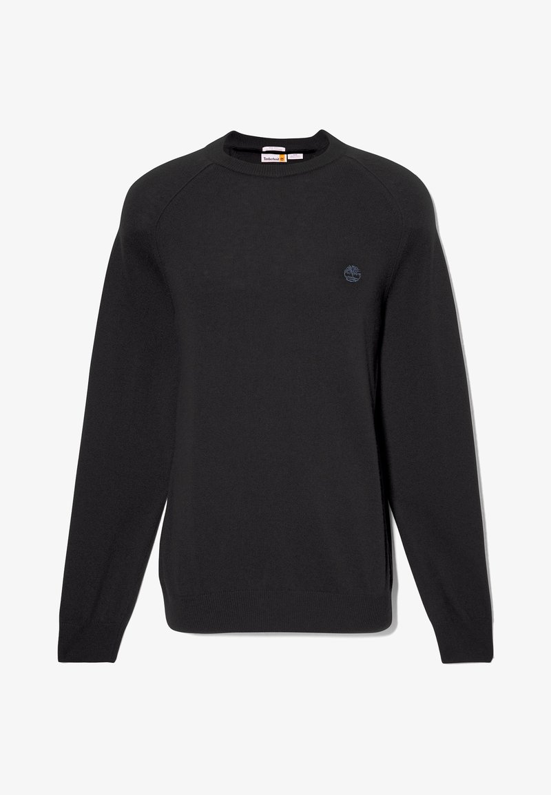 Schwarzer Langarm-Pullover mit Rundhalsausschnitt und gerippten Bündchen und Saum, mit einem kleinen gestickten Logo auf der linken Brust.