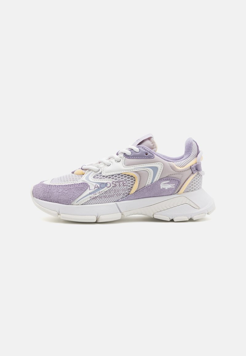 Lacoste sneakers in light purple, featuring a mesh and suede upper, white sole, curved lines, and contrasting accents in soft yellow and blue.
